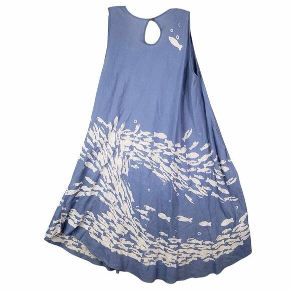 JP and Mattie Women’s Dress Sleeveless Cotton Light Blue Fish Flowy One Size - Picture 3 of 9